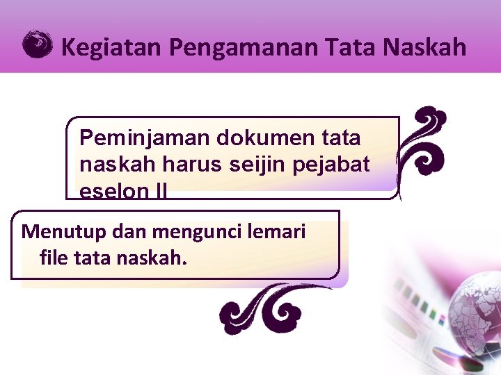 Kegiatan Pengamanan Tata Naskah Peminjaman dokumen tata naskah harus seijin pejabat eselon II Menutup