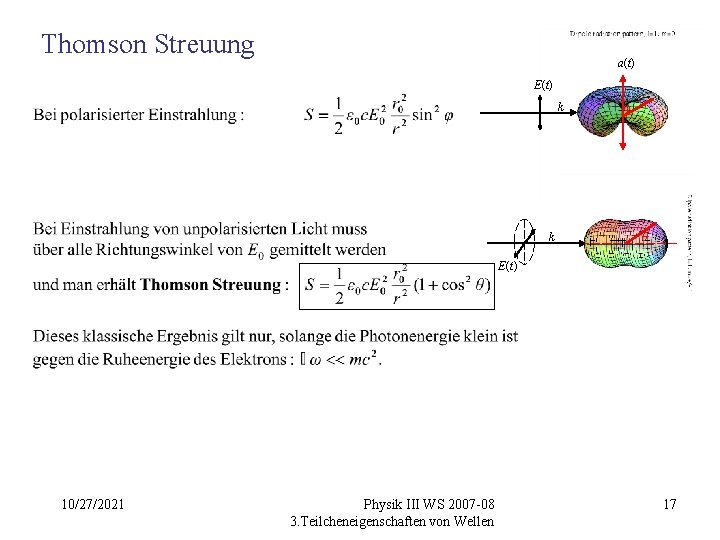 Thomson Streuung a(t) E(t) k k φ θ E(t) 10/27/2021 Physik III WS 2007