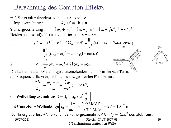 Berechnung des Compton-Effekts 10/27/2021 Physik III WS 2007 -08 3. Teilcheneigenschaften von Wellen 20