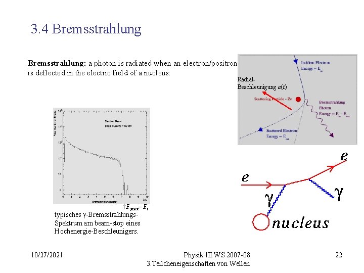 3. 4 Bremsstrahlung: a photon is radiated when an electron/positron is deflected in the