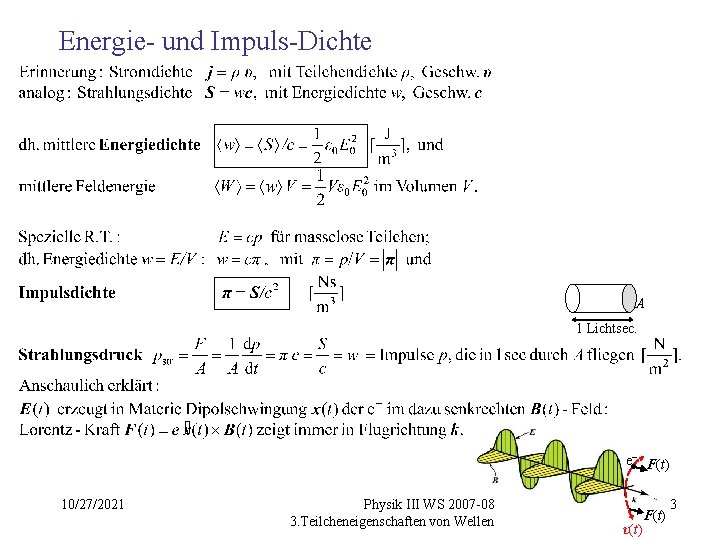 Energie- und Impuls-Dichte A 1 Lichtsec. e− F(t) 10/27/2021 Physik III WS 2007 -08