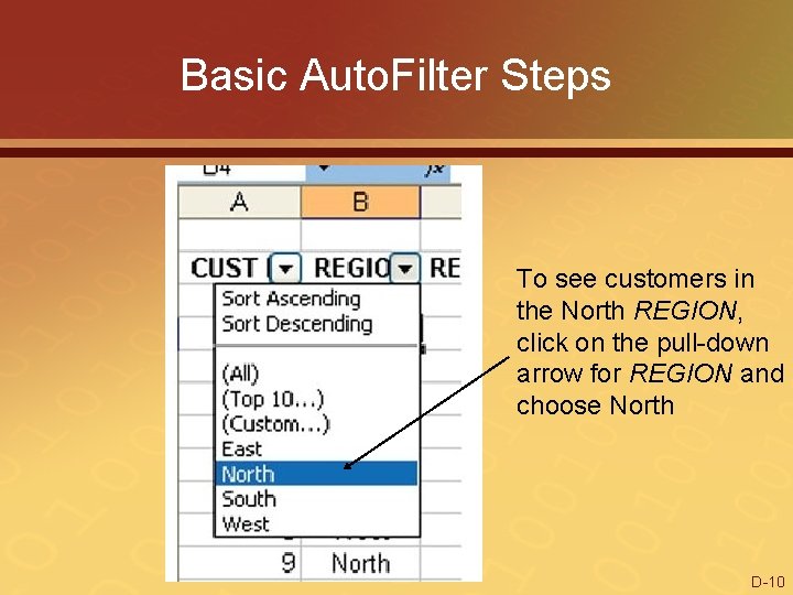 Basic Auto. Filter Steps To see customers in the North REGION, click on the