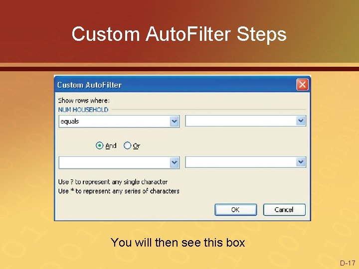 Custom Auto. Filter Steps You will then see this box D-17 
