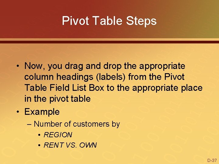 Pivot Table Steps • Now, you drag and drop the appropriate column headings (labels)