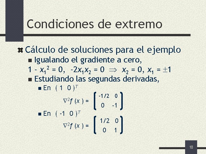 Condiciones de extremo Cálculo de soluciones para el ejemplo Igualando el gradiente a cero,