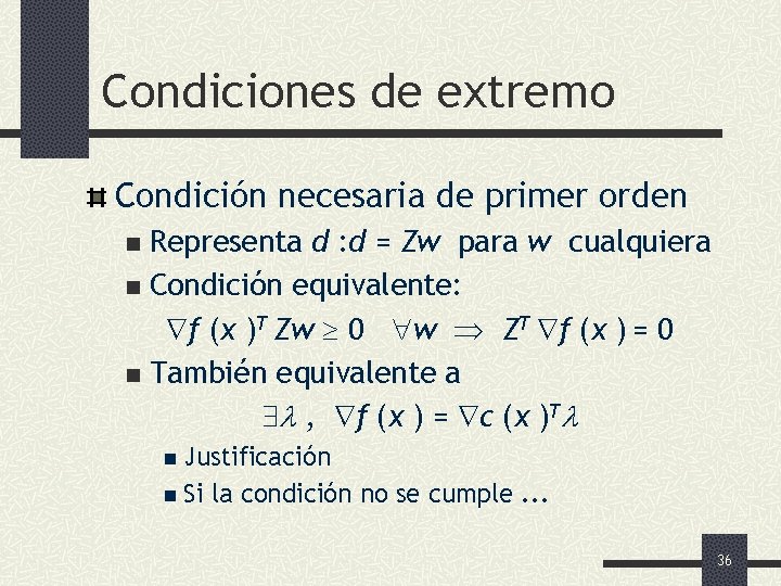 Condiciones de extremo Condición necesaria de primer orden Representa d : d = Zw
