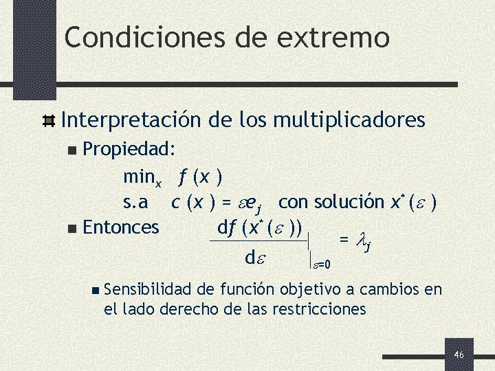 Condiciones de extremo Interpretación de los multiplicadores Propiedad: minx f (x ) s. a