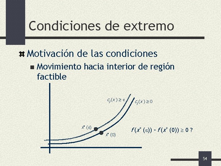 Condiciones de extremo Motivación de las condiciones n Movimiento hacia interior de región factible