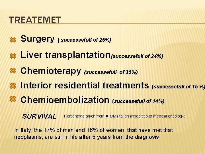 TREATEMET Surgery ( successefull of 25%) Liver transplantation(successefull of 24%) Chemioterapy (successefull of 35%)