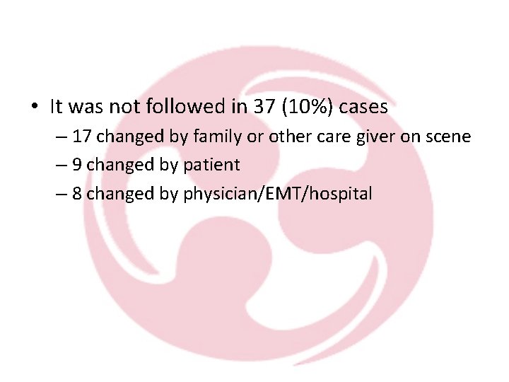  • It was not followed in 37 (10%) cases – 17 changed by