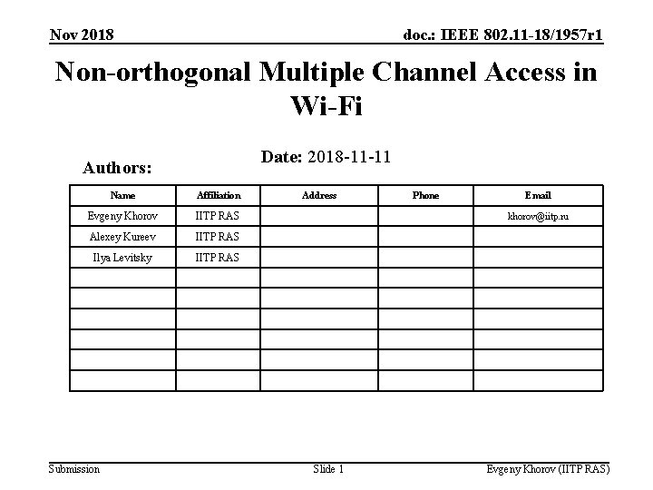 Nov 2018 doc. : IEEE 802. 11 -18/1957 r 1 Non-orthogonal Multiple Channel Access