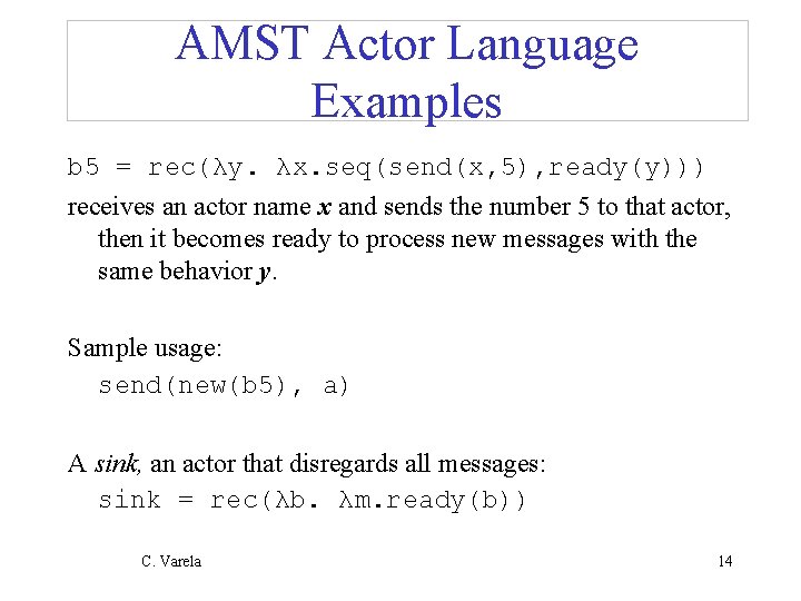 AMST Actor Language Examples b 5 = rec(λy. λx. seq(send(x, 5), ready(y))) receives an