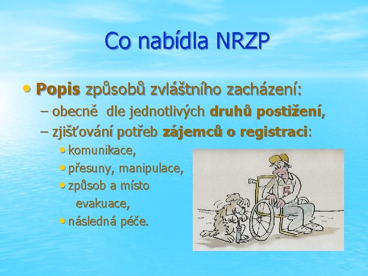 Co nabídla NRZP • Popis způsobů zvláštního zacházení: – obecně dle jednotlivých druhů postižení,
