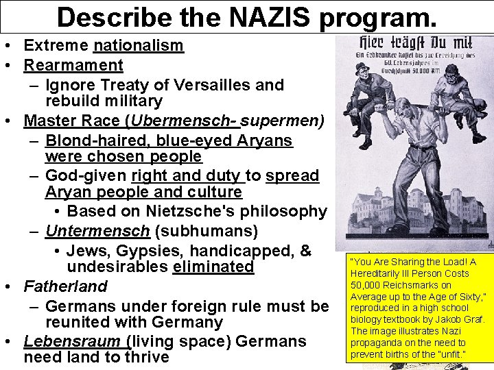 Describe the NAZIS program. • Extreme nationalism • Rearmament – Ignore Treaty of Versailles