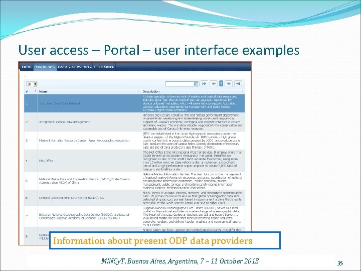 User access – Portal – user interface examples Information about present ODP data providers