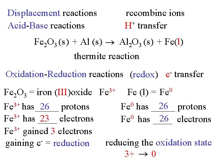 Displacement reactions Acid-Base reactions recombine ions H+ transfer Fe 2 O 3 (s) +