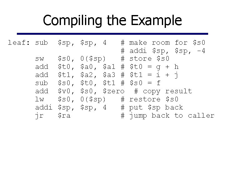 Compiling the Example leaf: sub sw add sub add lw addi jr $sp, 4