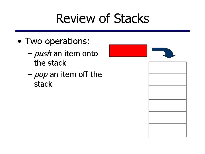 Review of Stacks • Two operations: – push an item onto the stack –