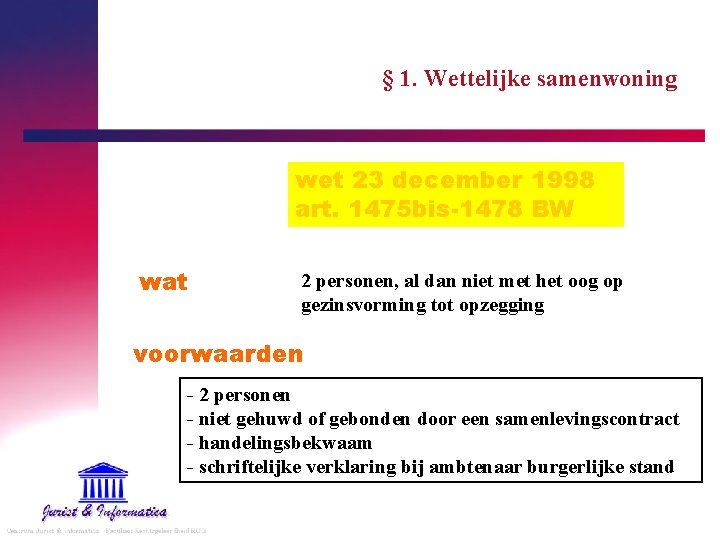 § 1. Wettelijke samenwoning wet 23 december 1998 art. 1475 bis-1478 BW wat 2