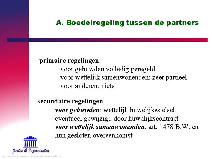 A. Boedelregeling tussen de partners primaire regelingen voor gehuwden volledig geregeld voor wettelijk samenwonenden: