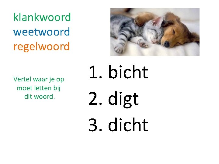 klankwoord weetwoord regelwoord Vertel waar je op moet letten bij dit woord. 1. bicht