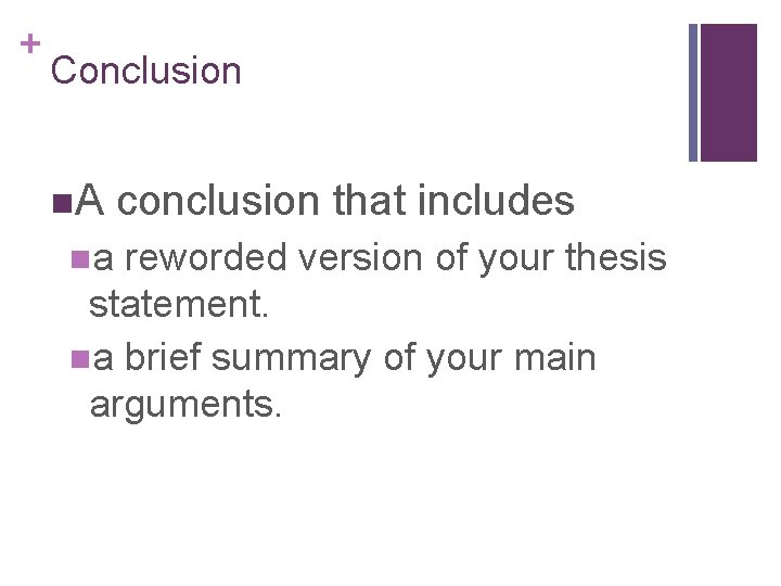 + Conclusion n. A na conclusion that includes reworded version of your thesis statement.
