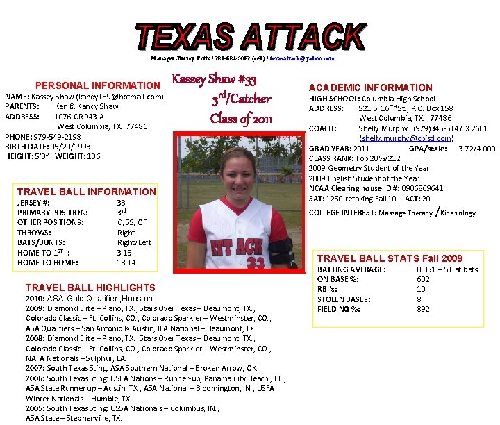 Manager Jimmy Potts / 281 -684 -5082 (cell) / texasattack@yahoo. com PERSONAL INFORMATION NAME: