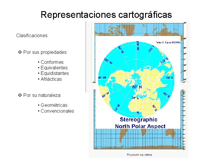 Representaciones cartográficas Clasificaciones: v Por sus propiedades: • Conformes • Equivalentes • Equidistantes •