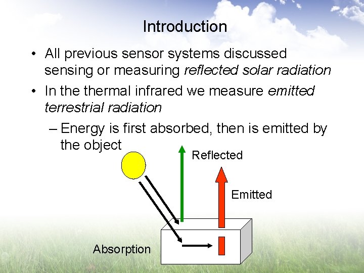 Introduction • All previous sensor systems discussed sensing or measuring reflected solar radiation •