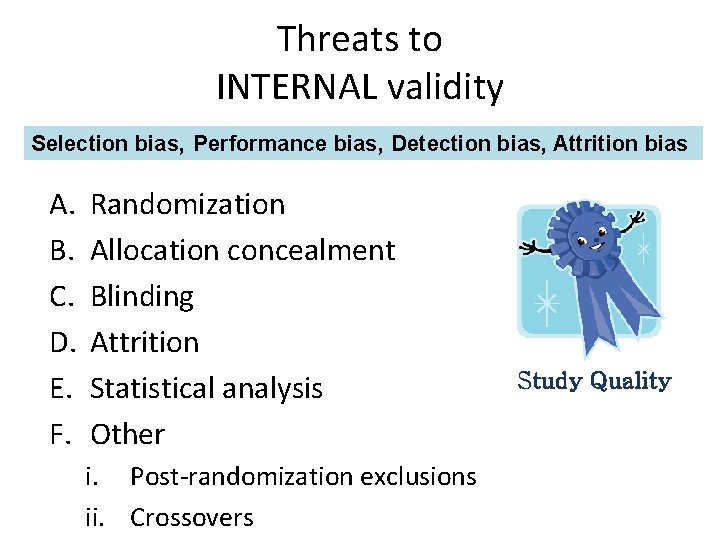 Threats to INTERNAL validity Selection bias, Performance bias, Detection bias, Attrition bias A. B.