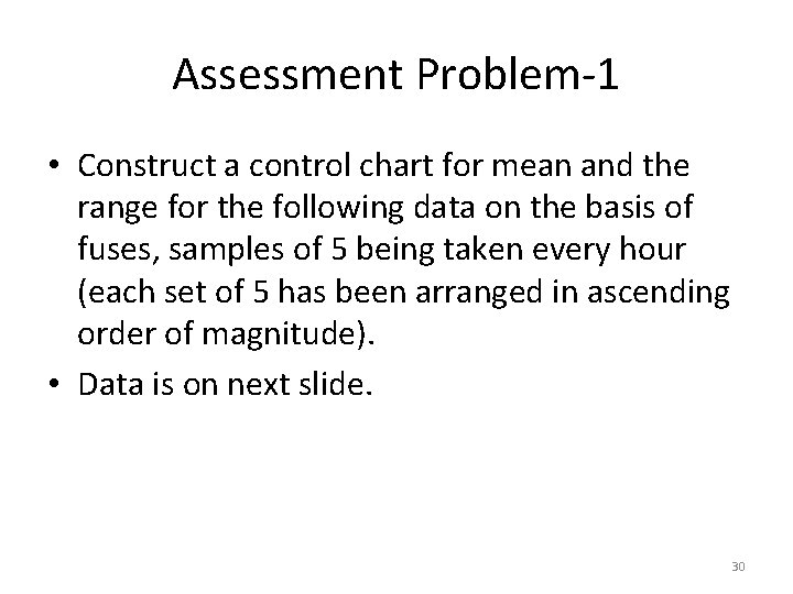 Assessment Problem-1 • Construct a control chart for mean and the range for the