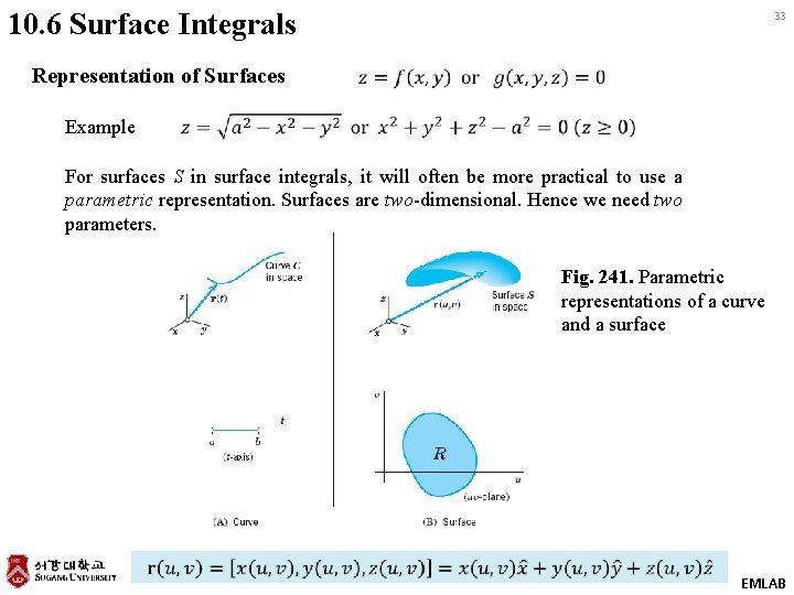 10. 6 Surface Integrals 33 Representation of Surfaces Example For surfaces S in surface