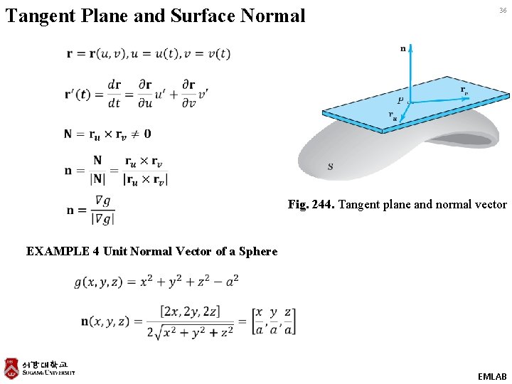 Tangent Plane and Surface Normal 36 Fig. 244. Tangent plane and normal vector EXAMPLE