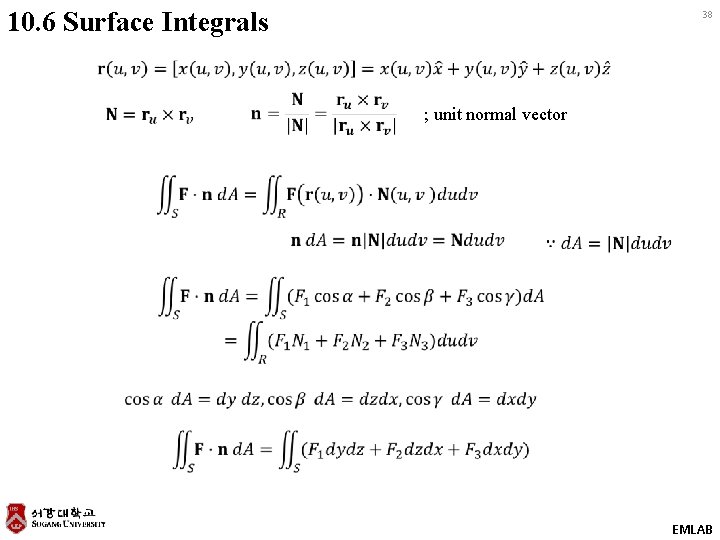 10. 6 Surface Integrals 38 ; unit normal vector EMLAB 