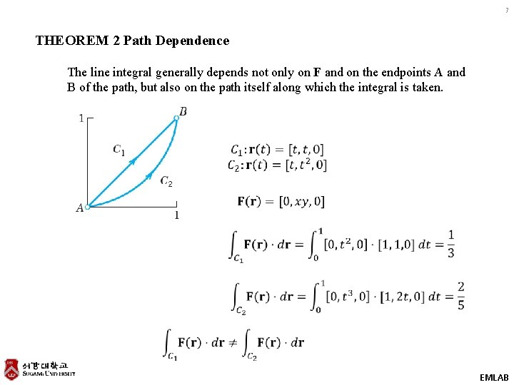 7 THEOREM 2 Path Dependence The line integral generally depends not only on F