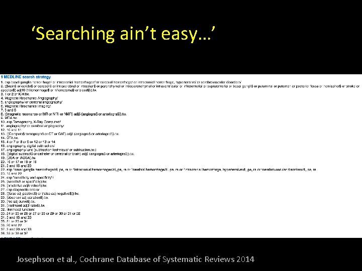 ‘Searching ain’t easy…’ Josephson et al. , Cochrane Database of Systematic Reviews 2014 