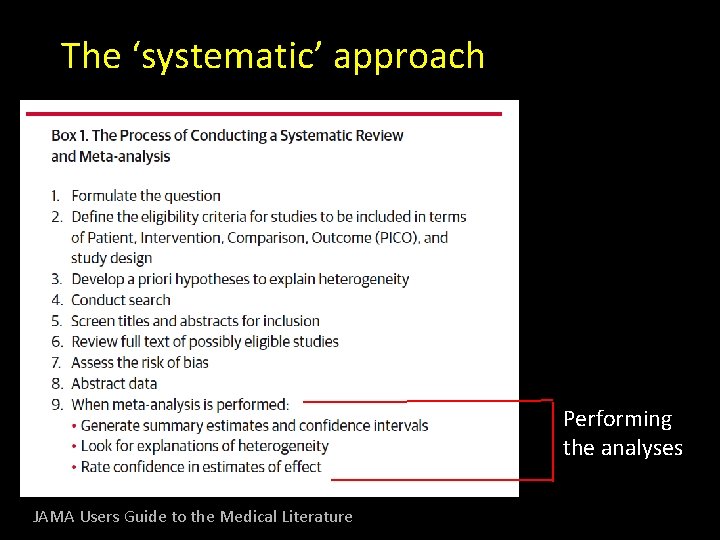 The ‘systematic’ approach Performing the analyses JAMA Users Guide to the Medical Literature 