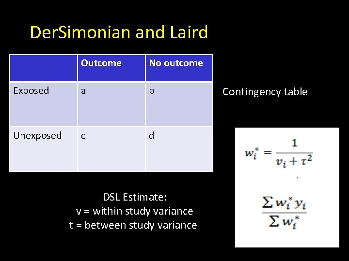 Der. Simonian and Laird Outcome No outcome Exposed a b Unexposed c d DSL