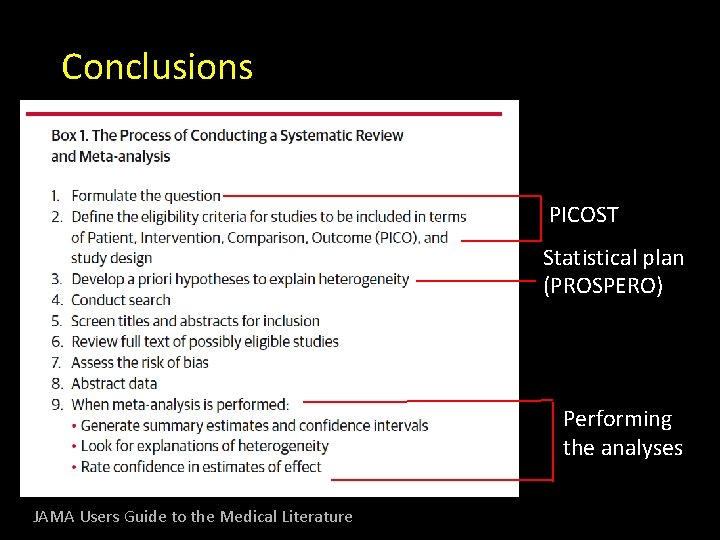 Conclusions PICOST Statistical plan (PROSPERO) Performing the analyses JAMA Users Guide to the Medical