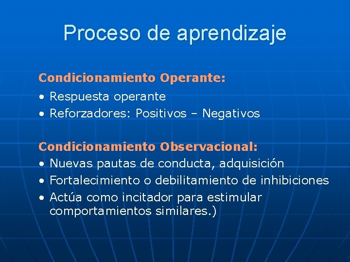Proceso de aprendizaje Condicionamiento Operante: • Respuesta operante • Reforzadores: Positivos – Negativos Condicionamiento Proceso de aprendizaje Condicionamiento Operante: • Respuesta operante • Reforzadores: Positivos – Negativos Condicionamiento