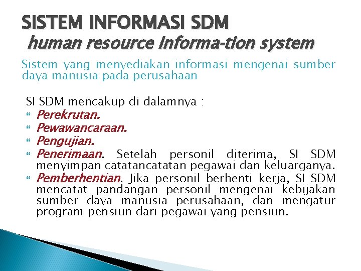SISTEM INFORMASI SDM human resource informa tion system Sistem yang menyediakan informasi mengenai sumber