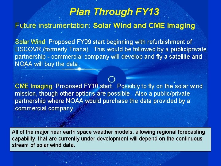 Plan Through FY 13 Future instrumentation: Solar Wind and CME Imaging Solar Wind: Proposed