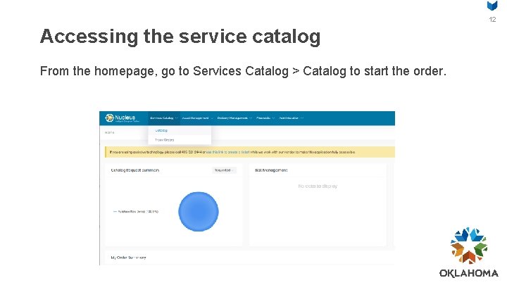 12 Accessing the service catalog From the homepage, go to Services Catalog > Catalog