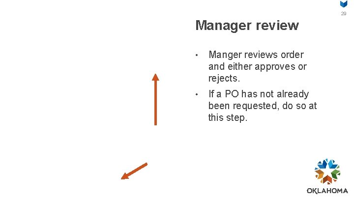 29 Manager review • Manger reviews order and either approves or rejects. • If