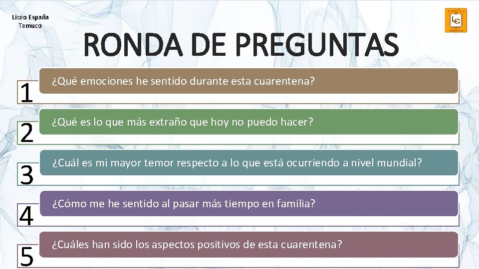 Liceo España Temuco 1 2 3 4 5 RONDA DE PREGUNTAS ¿Qué emociones he