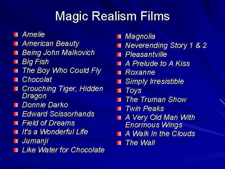 Magic Realism Films Amelie American Beauty Being John Malkovich Big Fish The Boy Who
