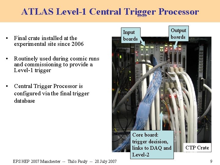 ATLAS Level-1 Central Trigger Processor • Final crate installed at the experimental site since