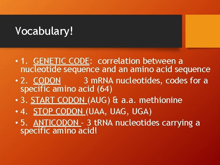 Vocabulary! • 1. GENETIC CODE: correlation between a nucleotide sequence and an amino acid