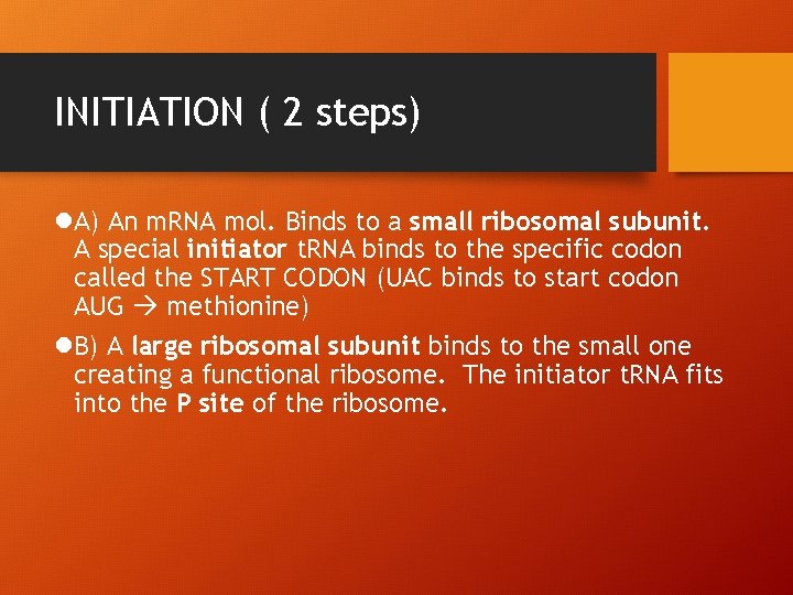 INITIATION ( 2 steps) l. A) An m. RNA mol. Binds to a small