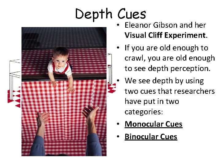 Depth Cues • Eleanor Gibson and her Visual Cliff Experiment. • If you are